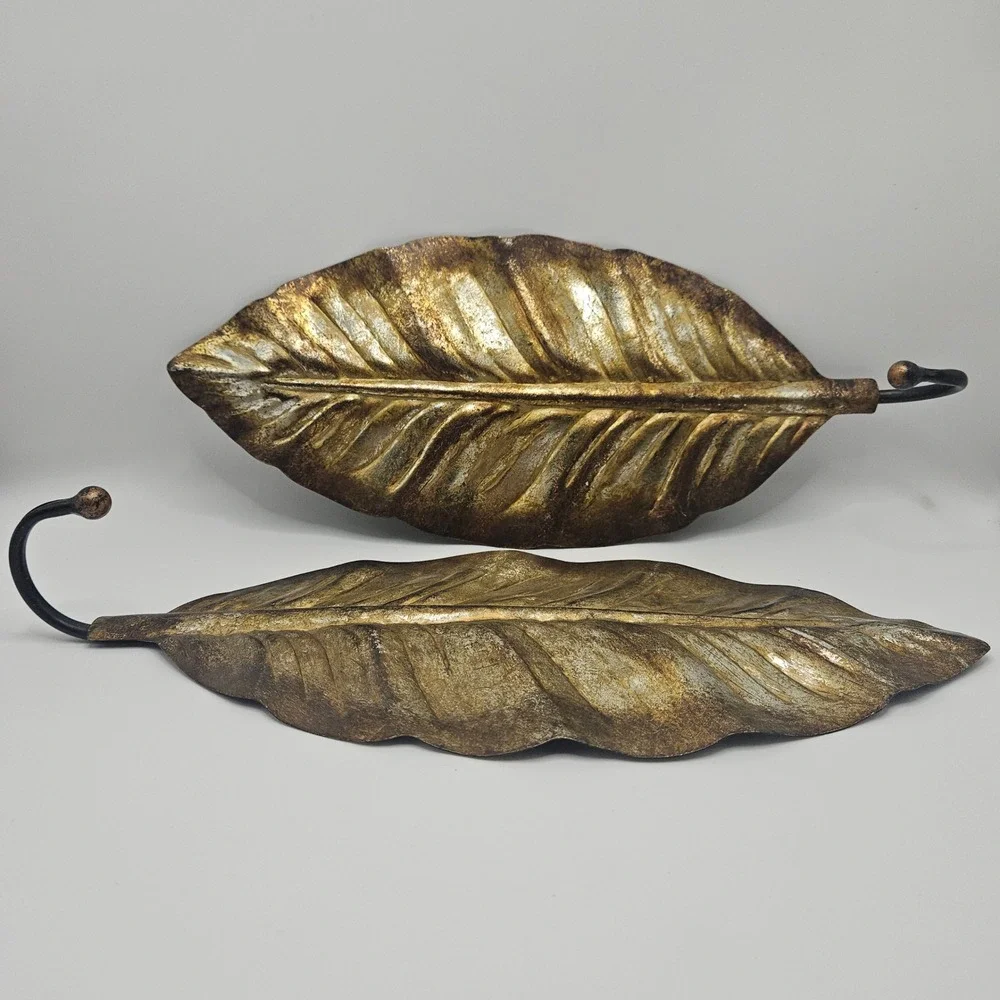 Metal‎ Leaf Wall Hooks Set of 2 Gold Bronze Tropical Boho Home Decor